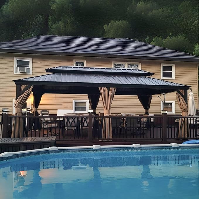 PURPLE LEAF 12' X 24' Outdoor Hardtop Gazebo Patio Wide Aluminum Frame Metal Double Roof with Heavy Duty Netting and Curtains for Permanent Hard Top Pavilion Screen, Khaki