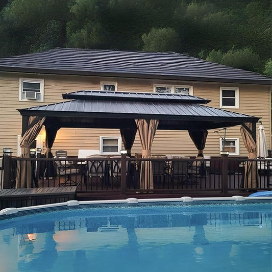 PURPLE LEAF 12' X 24' Outdoor Hardtop Gazebo Patio Wide Aluminum Frame Metal Double Roof with Heavy Duty Netting and Curtains for Permanent Hard Top Pavilion Screen, Khaki
