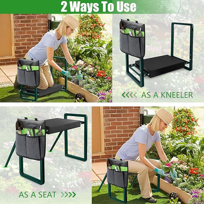 Heavy Duty Garden Kneeler and Seat for Elderly, 400lbs Capacity Foldable Gardening Stool with Support Legs & Thick Pad, Includes Large Tool Organizer Bag, Green