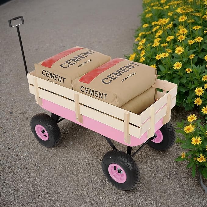 Outvita All-Terrain Cargo Wagon with 10'' Air Tires, Steel Structure Wagon with Removable Wooden Side Panels for Kids, Garden and Cargo, Up to 220lbs Capacity, 38'' L x 19'' W x 31'' H (Pink)