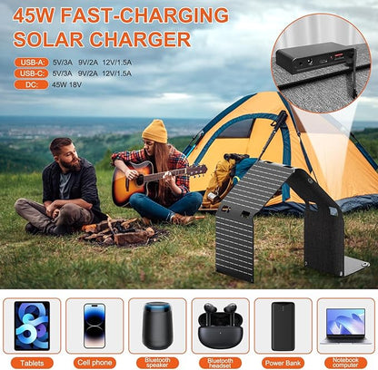 45W Solar Panels Charger with Handle 18V USB-A USB-C DC Portable Foldable Power Emergency ETFE Monocrystalline Panels IP67 Waterproof Camping Hiking