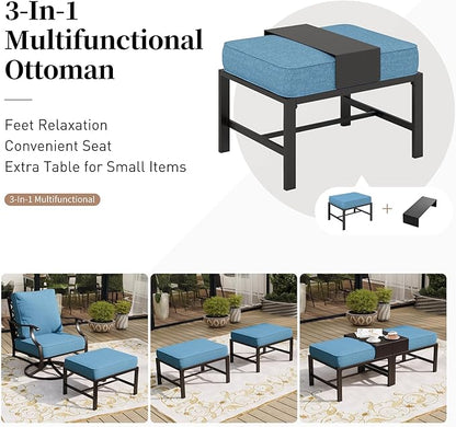 7 Piece Metal Outdoor Patio Furniture Set, Patio Conversation Sets 1 3-seater Sofa, 4 Fixed Chair, 2 Ottomans with 5.75" Thick Cushion, Black All-weather Frame Backyard Furniture, Navy