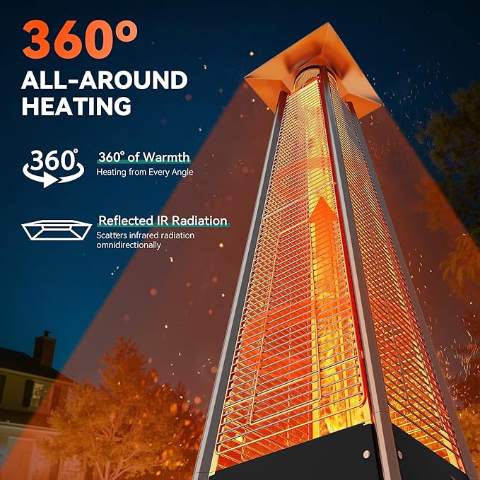 YITAHOME Pyramid Patio Heater with Quartz Flame Tube, 42,000–48,000 BTU Outdoor Propane or Gas Heater with Wheels and Cover, and Auto Shut-Off Protection for Backyards, Gardens, Bars, Black
