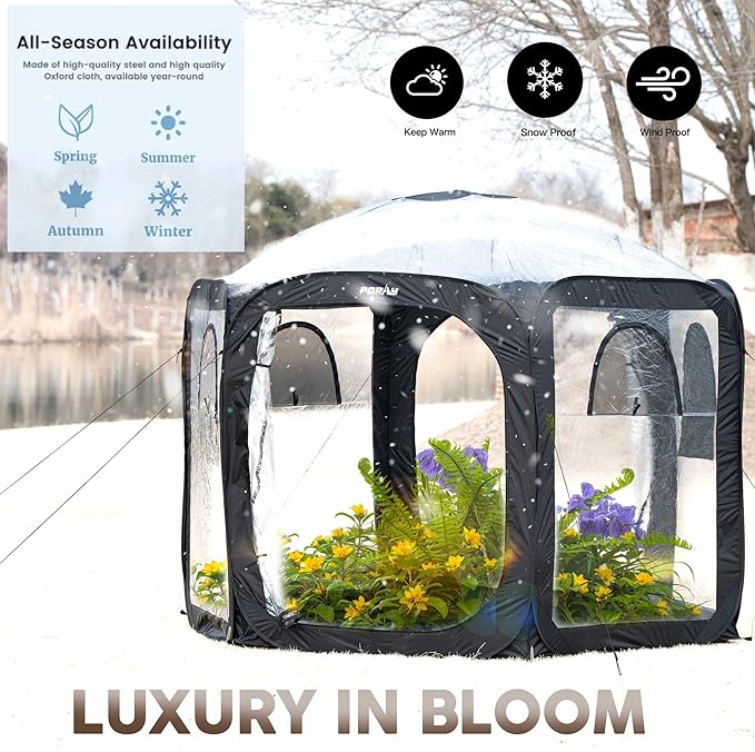 Porayhut Pop Up Greenhouse Tent,Portable Large Walk-in Plant House 10’X10’ ,Indoor Outdoor Gardening Plant Sunshine Room with PVC Mesh Cloth Cover for Protecting Plant from Cold Frost & Birds