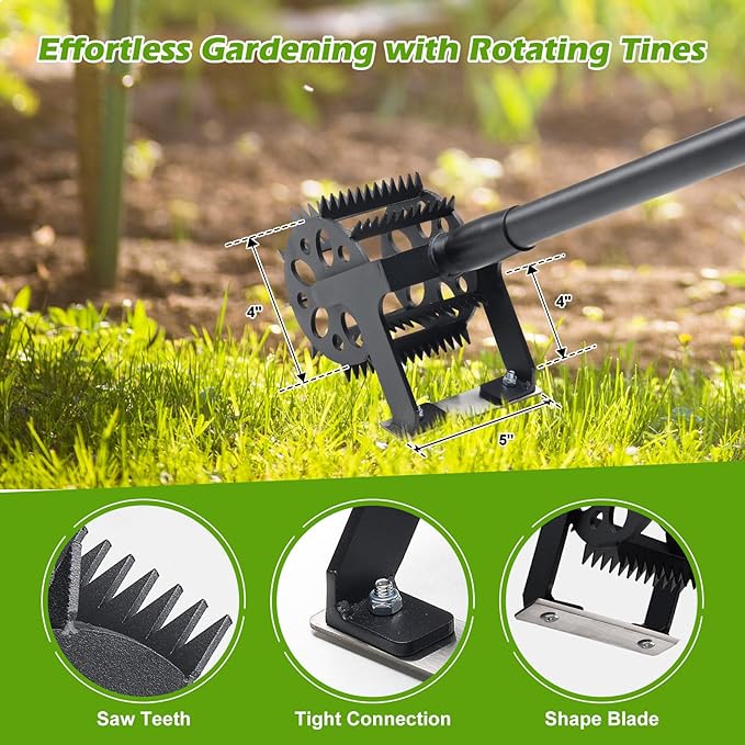 Rotary Cultivator Tool, 2-in-1 Garden Weeder, Crumbler Soil Cultivator Hand Tiller Garden Tool with Sharp Weeding Knife for Soil Mixing, Grass Removal, Lawn Edger, 52 Inch Long