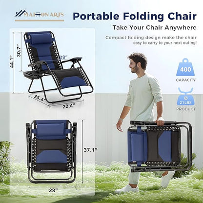 MAISON ARTS Oversized Padded Zero Gravity Chairs Set of 2, Folding Patio Lounge Chair, 28" Wide Seat Anti Gravity Recliners for Lawn Outdoor Camping Poolside Yard, Support 400lbs, Blue & Black