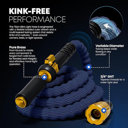 TITAN Flexible Garden Hose 65FT – Ultra Lightweight, Heavy Duty Water Hose with Brass Fittings & Jet Nozzle – Kink-Free, Non-Expanding, Durable Fabric Hose for Yard, Lawn, Car Wash, Outdoor Use