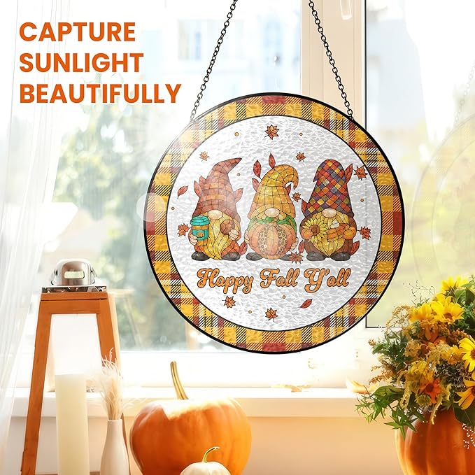 FLAGWIX Fall Decorations for Home - Happy Fall Y'all Stained Glass Window Hanging 8 in - Fall Gifts for Women Men, Gnomes Sun Catchers Indoor Window Garden Decor, Thanksgiving Decorations Sun Catcher