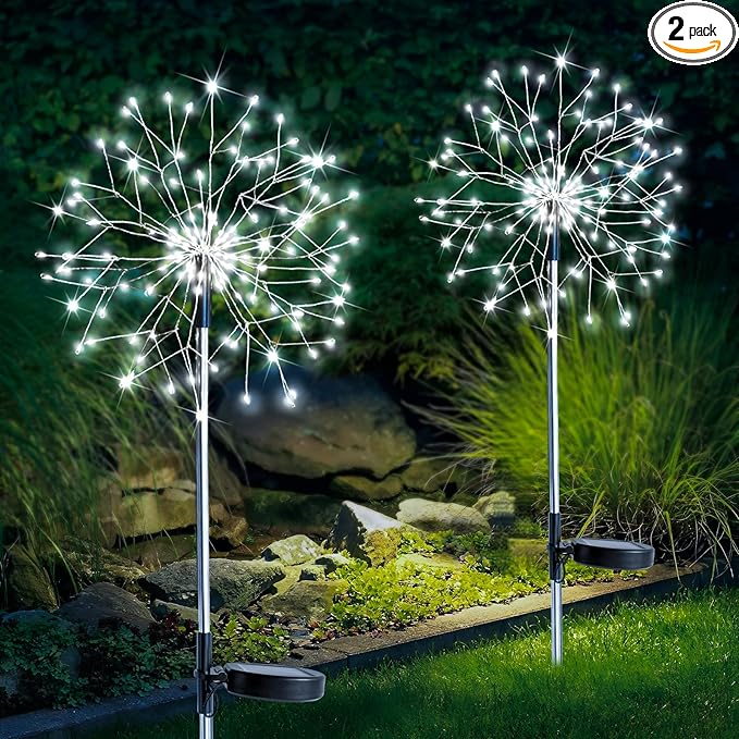 suddus Solar Garden Lights Outdoor Waterproof Decorative, 2Pack 150LED Firework Lights, Solar Fairy Lights for Yard, Garden, Party, Patio, Pathway, Flowerbed - White