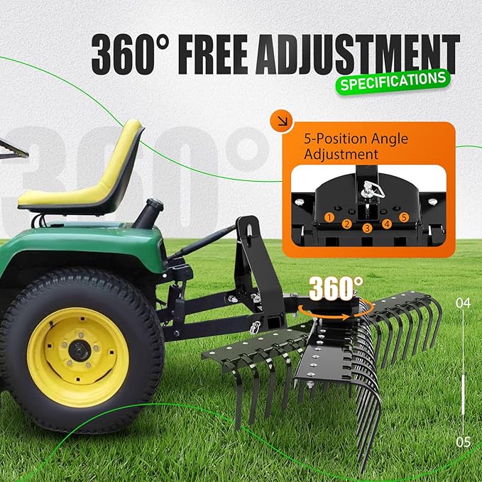 KUAFU 50" 3 Point Landscape Rake for Category-0 Cat-0 Tractor with 360 Degree Rotation, Replaceable Spring Tines and Pin Hith, Rock Attach Rake Tow Behind Dethatcher for Lawn, Garden, Farm, Grass