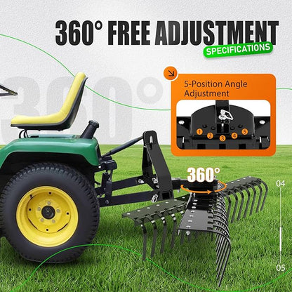 KUAFU 50" 3 Point Landscape Rake for Category-0 Cat-0 Tractor with 360 Degree Rotation, Replaceable Spring Tines and Pin Hith, Rock Attach Rake Tow Behind Dethatcher for Lawn, Garden, Farm, Grass