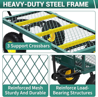 900 Lb Steel Garden Cart, Heavy-Duty Steel Garden Dump Cart with 4-Side Removable Mesh and All Terrain 10" Tires, Yard Dump Metal Cart for Lawn Farm, Green