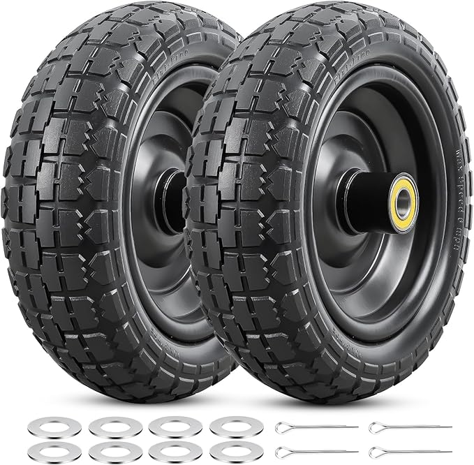 2 Pcs 10” Solid Tires, 10" x 3" Flat Free Tire and Wheel with 5/8” Axle Bore Hole and Double Sealed Bearings,2.1" Offset Hub Compatible with 10x3 Hand Truck, Wheelbarrow, Lawn Mower Tires