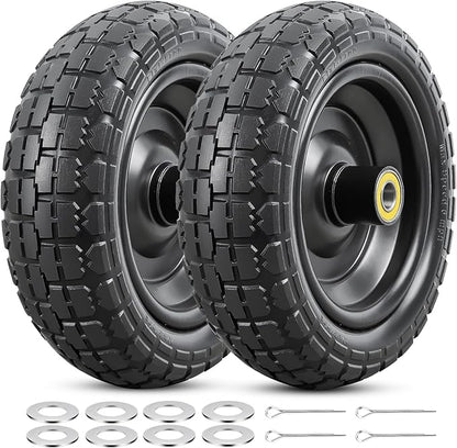 2 Pcs 10” Solid Tires, 10" x 3" Flat Free Tire and Wheel with 5/8” Axle Bore Hole and Double Sealed Bearings,2.1" Offset Hub Compatible with 10x3 Hand Truck, Wheelbarrow, Lawn Mower Tires