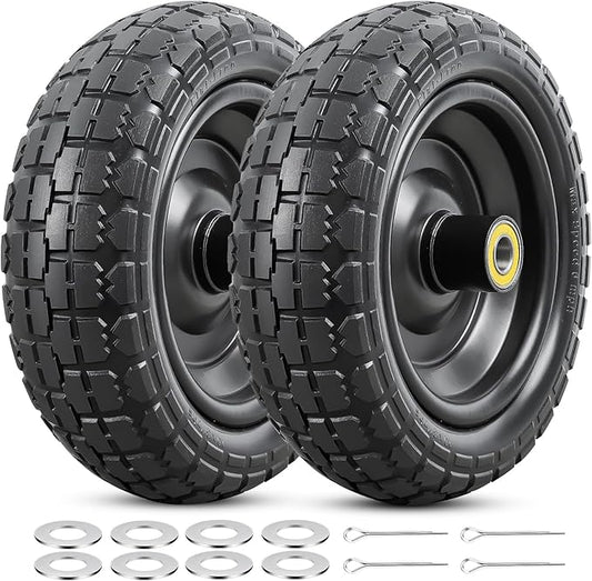 2 Pcs 10” Solid Tires, 10" x 3" Flat Free Tire and Wheel with 5/8” Axle Bore Hole and Double Sealed Bearings,2.1" Offset Hub Compatible with 10x3 Hand Truck, Wheelbarrow, Lawn Mower Tires