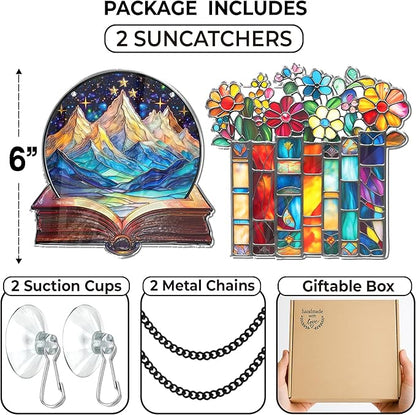 2 Book Floral Shelf Suncatchers Window Hanging Acrylic Ornaments Back to School Teacher Appreciation Gifts, Book Lover Gifts for Women Librarians Readers Bookshelf Decor for Home Library SS345