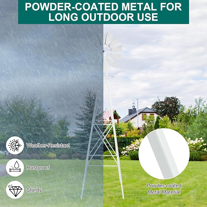Garden Windmill for Yard Decor, 8 ft Tall Metal Windmill with Spinning Blades, Weather-Resistant Outdoor Windmill for Lawn, Farmhouse, Rustic & Farm Decor,White