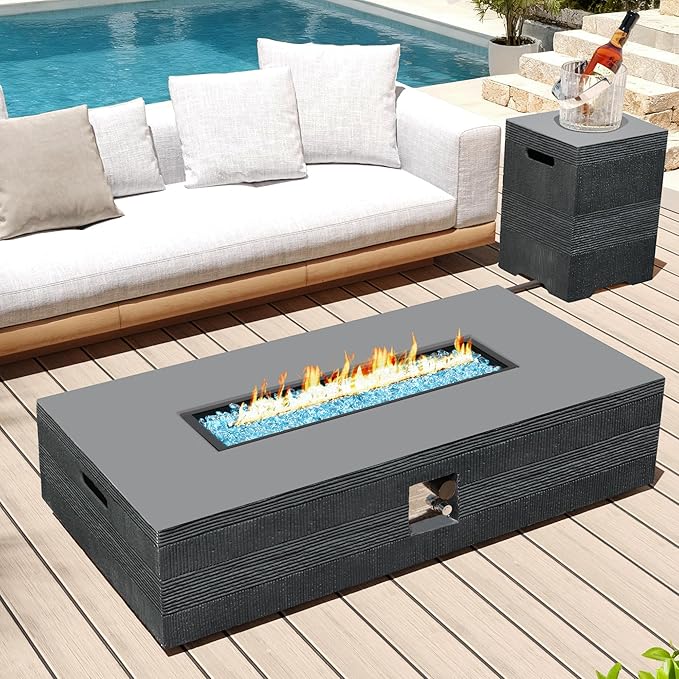 UPHA 56-inch Outdoor Propane Gas Fire Pit Table 50000 BTU Concrete Round FirePit for Outside Patio with Propane Tank Cover, Blue Glass Rocks, Rain Cover, Grey Texture
