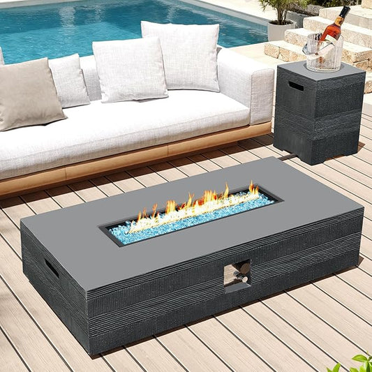UPHA 56-inch Outdoor Propane Gas Fire Pit Table 50000 BTU Concrete Round FirePit for Outside Patio with Propane Tank Cover, Blue Glass Rocks, Rain Cover, Grey Texture