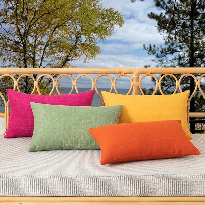 Kevin Textile Fall Outdoor Waterproof Throw Pillow Covers Decorative Farmhouse Water Resistant Checkered Cushion Covers for Tent Patio Garden Couch Sofa Pack of 2 (12x20 Inch Orange)