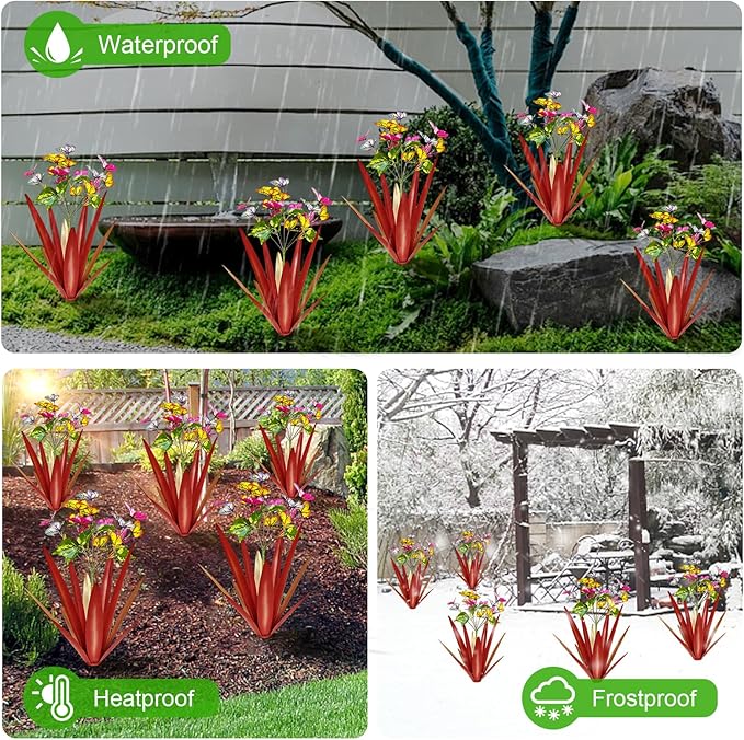 TOMBABY Garden Outdoor Butterfly Enlarge Thickened Wind Resistant Metal Agave Garden Art Metal Plant Country Sculpture Statue Decorations Ornaments Artificial Waterproof Butterflies(red 3pcs)