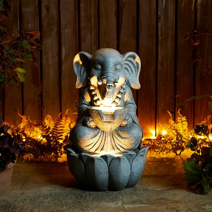 Glitzhome Outdoor Fountains and Waterfalls Zen-Style Concrete Resin Elephant Water Fountains with LED & Pump, Garden Patio Water Fountain Yard Fountain 2 Tier Floor Waterfall for Backyard Lawn 22" H