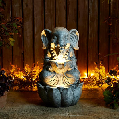 Glitzhome Outdoor Fountains and Waterfalls Zen-Style Concrete Resin Elephant Water Fountains with LED & Pump, Garden Patio Water Fountain Yard Fountain 2 Tier Floor Waterfall for Backyard Lawn 22" H
