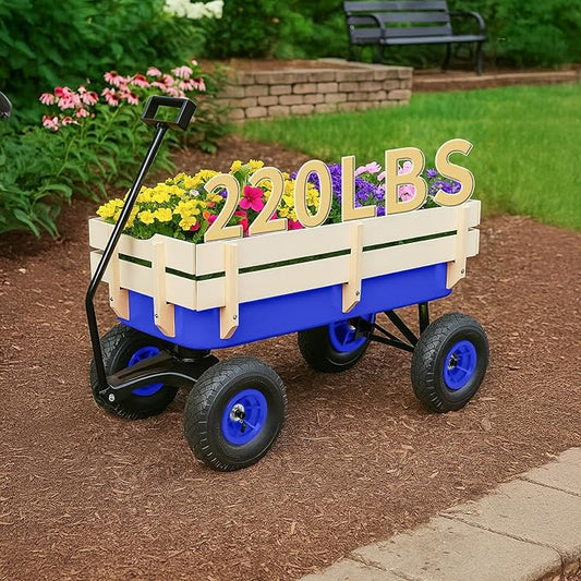 Outvita All-Terrain Cargo Wagon with 10'' Air Tires, Steel Structure Wagon with Removable Wooden Side Panels for Kids, Garden and Cargo, Up to 220lbs Capacity, 38'' L x 19'' W x 31'' H (Blue)