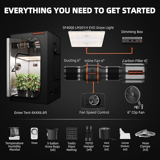 Spider Farmer Grow Tent Kit Complete 4x4ft SF4000 Dimmable Samsung LM301H EVO LED Diodes, 450W Complete System 4x4x6.6 Grow Tent Set 48"x48"x80" with 6" Ventilation System & 6'' Clip Fan