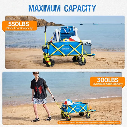 Old Bahama Bay 550lbs Extra Long 49" L Beach Wagon with Big Wheels with Brake for Sand, Collapsible Utility Beach Cart Heavy Duty Folding Wagon,Ideal for Outdoor Sand Camping Garden Pet