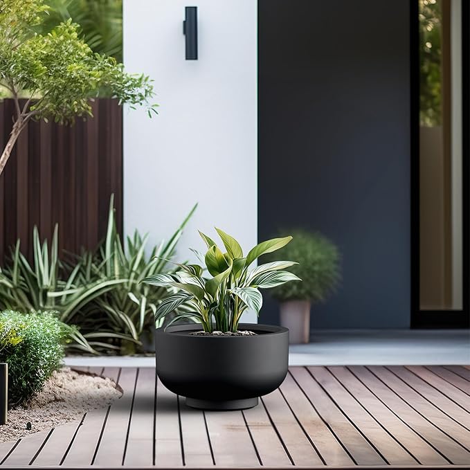 Kante 13.8 Inch Dia Concrete Bowl Planter, Large Tapered Bottom Plant Pot with Drainage, Smooth Black Finish with Warm Brown Interior, Ideal for Porch, Home, Garden, Patio