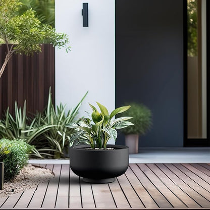 Kante 13.8 Inch Dia Concrete Bowl Planter, Large Tapered Bottom Plant Pot with Drainage, Smooth Black Finish with Warm Brown Interior, Ideal for Porch, Home, Garden, Patio