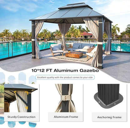 MELLCOM 10x12FT Hardtop Gazebo, Permanent Outdoor Aluminum Patio Gazebo with Aluminum Composite Double Roof for Patio Lawn and Garden, Curtains and Netting Included