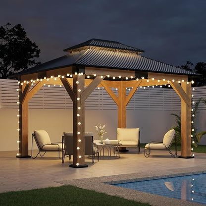 AMERLIFE 10x12 Wood Gazebo, Hardtop Gazebo with Spruce Frame and Aluminum Double Roof, Outdoor Pergola for Parties, Backyard, Patio, Lawns, Black + Natura Wood