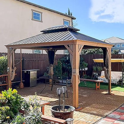 Domi 12' x 14' Hardtop Gazebo Permanent Aluminum Gazebo with Wood-Looking Frame, Galvanized Steel Double Roof, Curtains and Netting for Patio, Lawn, and Garden