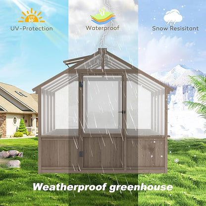 MUPATER 8' x 8' Wooden Polycarbonate Greenhouse with Ventilated Window & Lockable Door, 6mm Polycarbonate Panels for UV Protection, Walk-in Greenhouse for Outdoors, Patio, Backyard, Brown