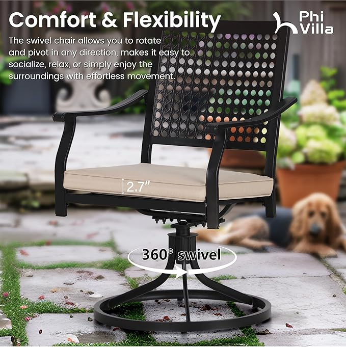 PHI VILLA 7 Pieces Outdoor Round Dining Set for 6, Large Wrought Iron Table with Umbrella Hole & Swivel Metal Chairs with Cushions, Modern Furniture Set for Patio, Deck, Yard, Porch