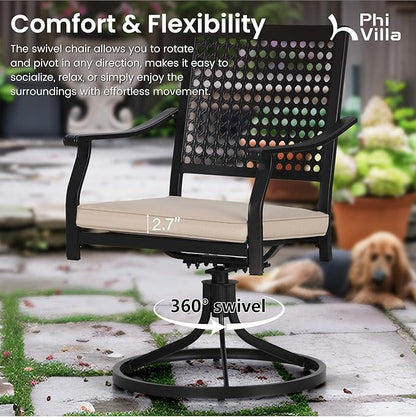 PHI VILLA 7 Pieces Outdoor Round Dining Set for 6, Large Wrought Iron Table with Umbrella Hole & Swivel Metal Chairs with Cushions, Modern Furniture Set for Patio, Deck, Yard, Porch
