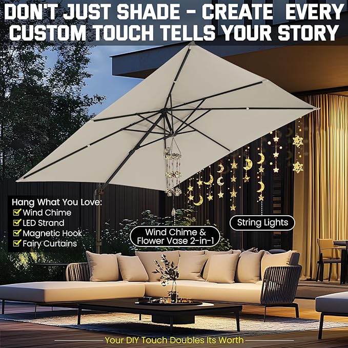 Hotime 10ft Cantilever Patio Umbrella Outdoor Heavy Duty Double Top Windproof Aluminum Offset Umbrella with 360°Rotation for Pool Garden Deck, Beige
