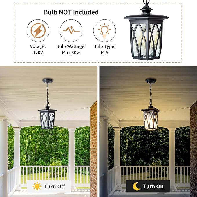 12'' Outdoor Pendant Light Fixture, Exterior Hanging Lantern, Modern Black Metal Outside Chandelier Light Fixture Ceiling Mount with Water Ripple Glass & Adjustable Chain for Porch, Gazebo, Front Door