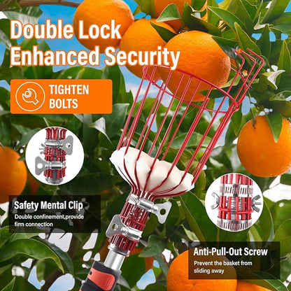 26FT Reach Fruit Picker Pole with Basket Telescoping,Apple Picker Pole with Basket,Lightweight Aluminum Pole Fruit Catcher for Trees,Orange Picker Suit for,Pear,Lemon,Mango,Guava,Avocados