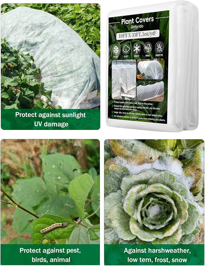 Plant Covers Freeze Protection, 10 ft x 33 ft 1.0 oz/yd² Reusable Frost Protection Floating Row Cover, Frost Blankets for Plants, Frost Cloth for Cold Weather Snow, Winter Frost Pests Protection