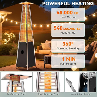 YITAHOME Pyramid Patio Heater with Quartz Flame Tube, 42,000–48,000 BTU Outdoor Propane or Gas Heater with Wheels and Cover, and Auto Shut-Off Protection for Backyards, Gardens, Bars, Black