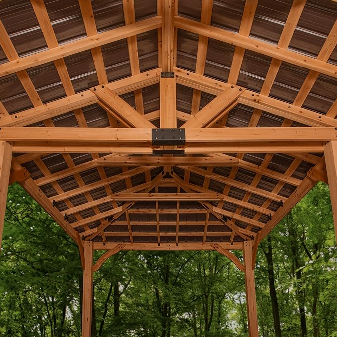 Backyard Discovery Barrington 24' x 12' Cedar Wood Outdoor Gazebo Pavilion with Hardtop Galvanized Steel Hip Roof, Snow Support, Wind Resistance, PowerPort, Shade for Garden, Patio, Deck, Entertaining