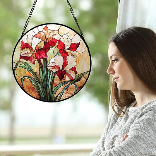 Stained Glass Window Hanging - Red Gladiolus Flower Suncatcher for Door Yard Sun Catchers Decor Christmas Mother's Day Birthday Gifts for Lovers Women Mom Nana Girlfriend Wife 7.8 in