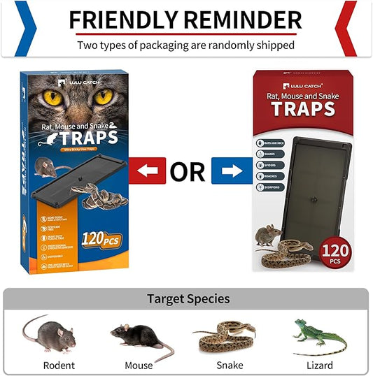 LULUCATCH Sticky Mouse Trap, 120 Pack Large Glue Traps, Pre-Baited Heavy Duty Non-Toxic Bulk Glue Boards Mouse Traps Indoor for Mice, Snakes, Rat, Insects, Cockroaches & Spiders, Pet Safe Easy to Use