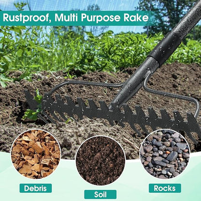 Garden Rake: 49" Metal Garden Leaf Rake with 17 Tines, Heavy Duty Bow Rakes for Lawn Yard Leaves Debris Mulch Gravel Thatch Clean,Lawn Care Gardening Landscaping