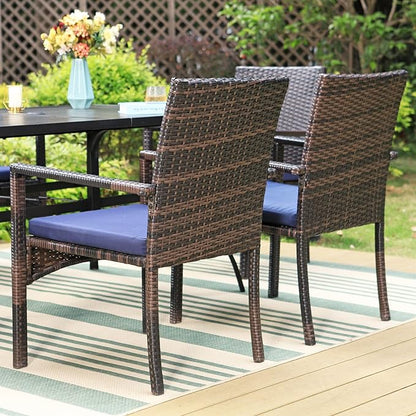 Patio Outdoor Table and Chairs Set with Umbrella Beige, Patio Dining Sets for 6, 7 Pieces Patio Table Set Clearance for Backyard Deck Porch Outside, Metal Table with Hole & Cushioned Rattan Chairs