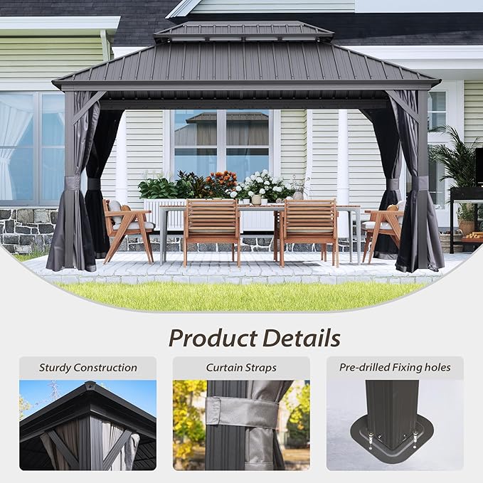 Domi 10’ X 14’ Hardtop Gazebo Canopy with Netting & Curtains, Outdoor Metal Gazebo with Galvanized Steel Double Roof for Patio Lawn and Garden, Gray