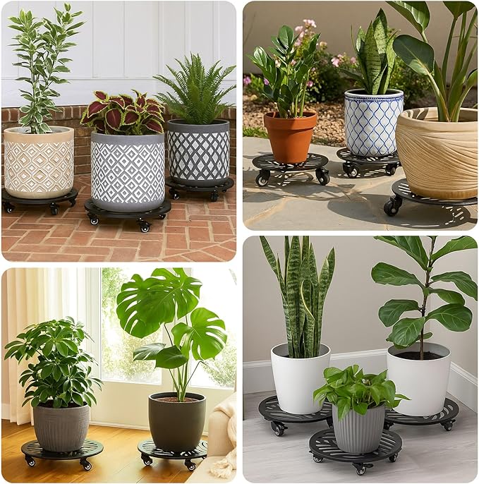 2 Packs 12" Large Metal Plant Caddy with 3 PU Metal Wheels Heavy-duty Wheeled Rolling Plant Stands with Casters Indoor Outdoor Flower Pot Roller Base Planter Dolly Coaster Movers Black, Strong Load Capacity